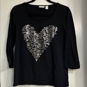 NWOT Chico’s Black Long Sleeve Top with Script Heart Design